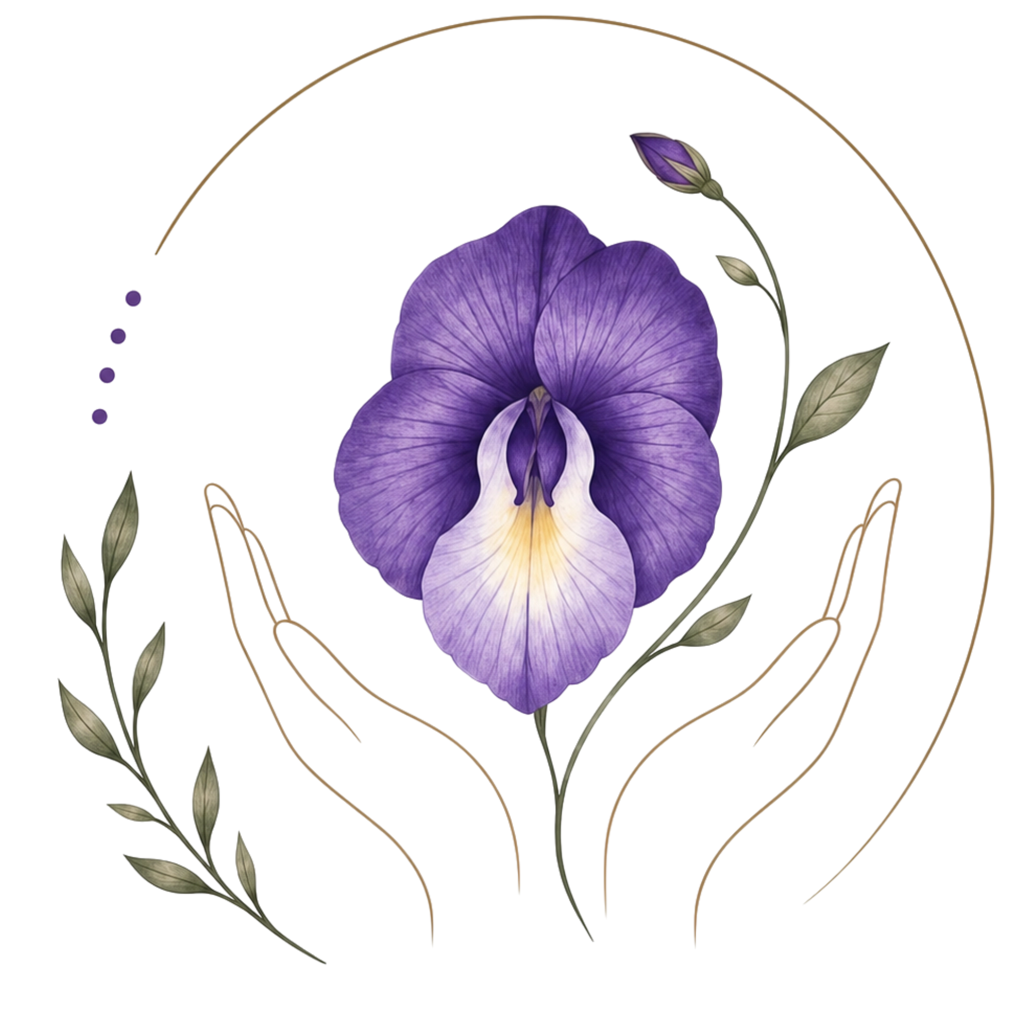 Logo Endo'Harmonie – Naturopathie endométriose en Guadeloupe, fleur violette, tiges de sauge et mains protectrices en cercle doré